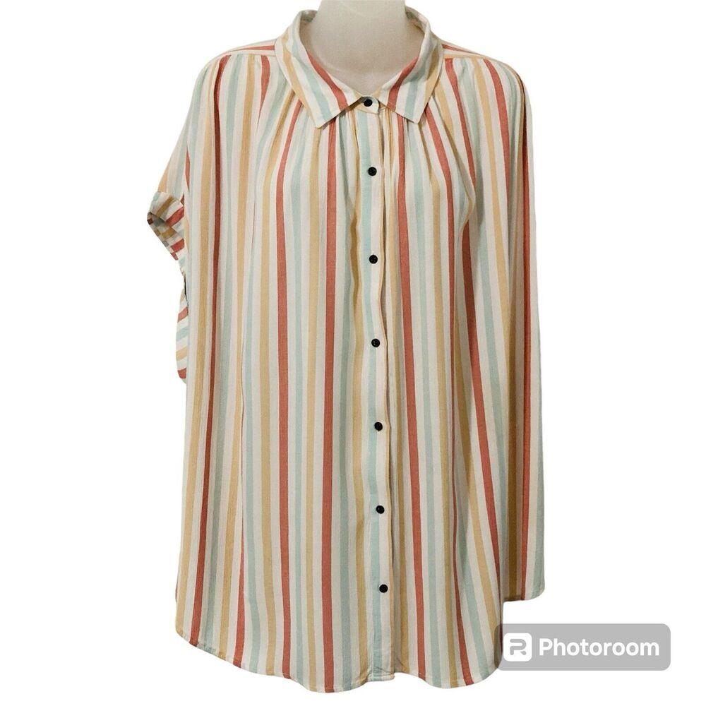 A.N.A. Women 2X Tunic Blouse Button Down Short Sleeve Vertical Stripe Multicolor
